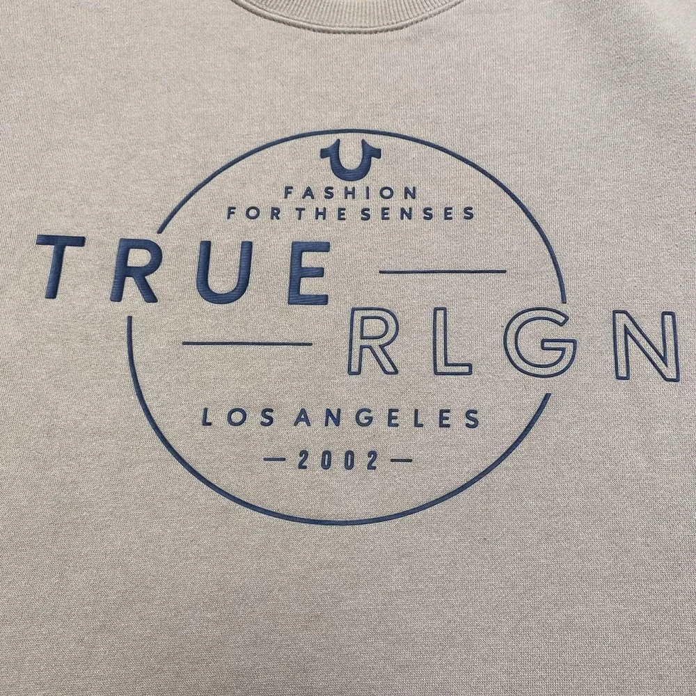 True Religion‎ Sweatshirt Mens 3XL Beige Pullover Fleece Lined Logo Graphic